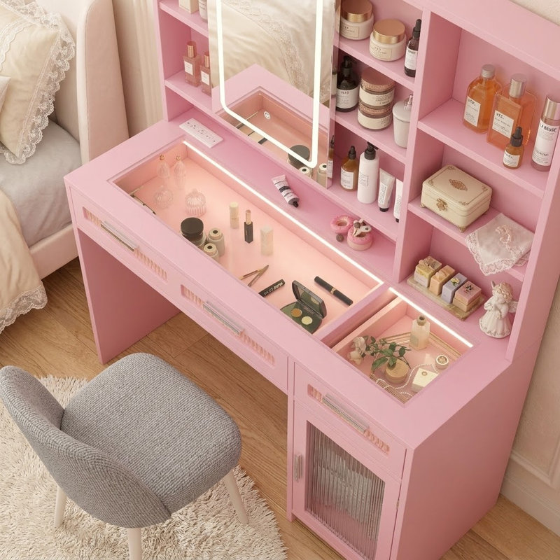 Meuble-lavabo de 43 po de largeur avec plateau en verre rose et miroir lumineux, Rose