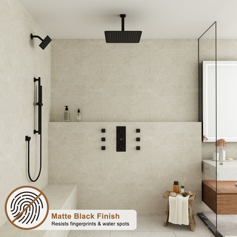Matte Black 16" Thermostatic Dual Shower System with Handheld and Body Jets