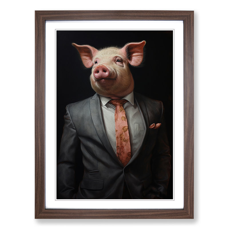 Pig In A Suit No.3 - Single Picture Frame Print on Wood, Walnut, 46cm H x 34cm W x 2cm D