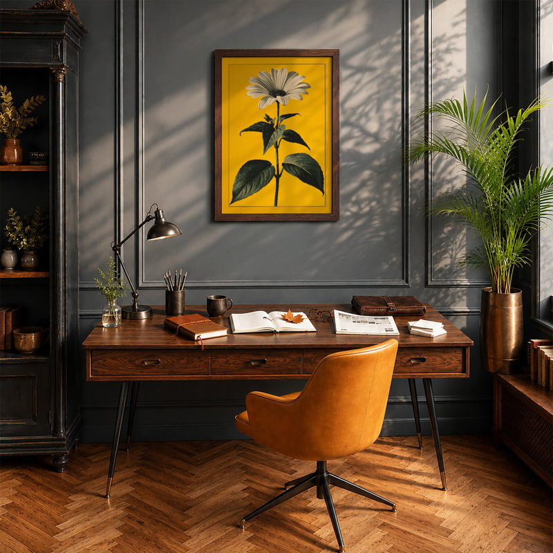 Golden Daisy Botanical - Framed Print, A2 - 59.4 x 42.0 cm, Walnut
