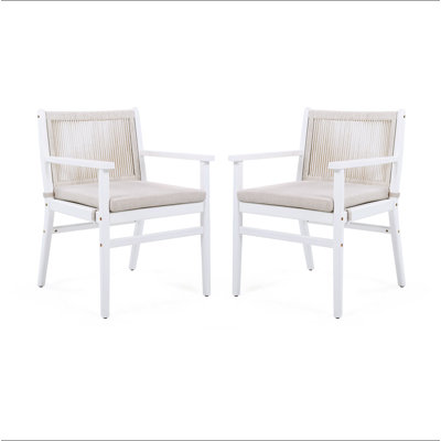 Ensemble de 2 chaises de salle à manger d'extérieur, fauteuil de patio en bois d'acacia avec dossier en corde et coussin hydrofuge, structure blanche, capacité de poids de 400 lb