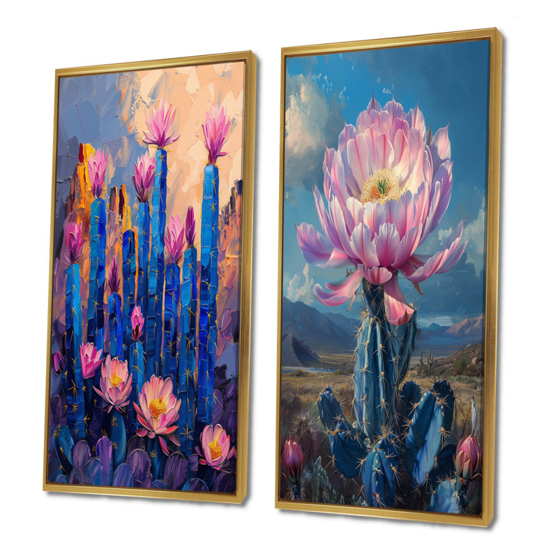Ensemble de 2 pièces d'art mural rose cactus Grace III - Floral Cactus, Cadre flottant doré, H 32 po x l 32 po