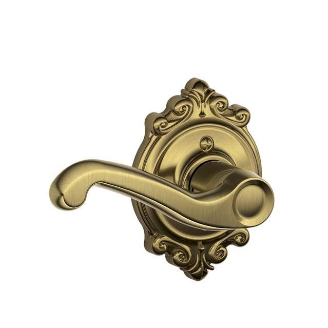 Flair Lever with Brookshire Trim Non-Turning Lock, Antique Brass, Left
