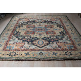 Blue Hand-Knotted Wool Elaborate Floral Medallion Geometric Modern Contemporary Carpet Rug