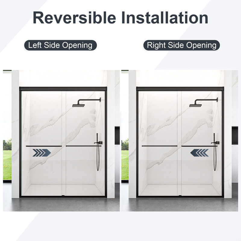 56"-60"W*72" H Semi-Frameless Double Sliding Shower Door, Bypass Shower Door, Matte Black