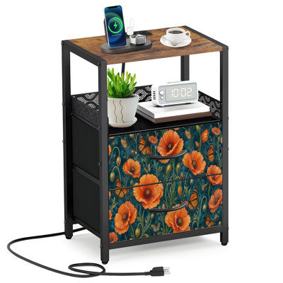 Table de chevet 2 tiroirs en tissu avec station de charge Vibrant fleurs d'oranger papillons profond sarcelle Table de chevet de chambre à coucher avec tablette USB ouverte et prises