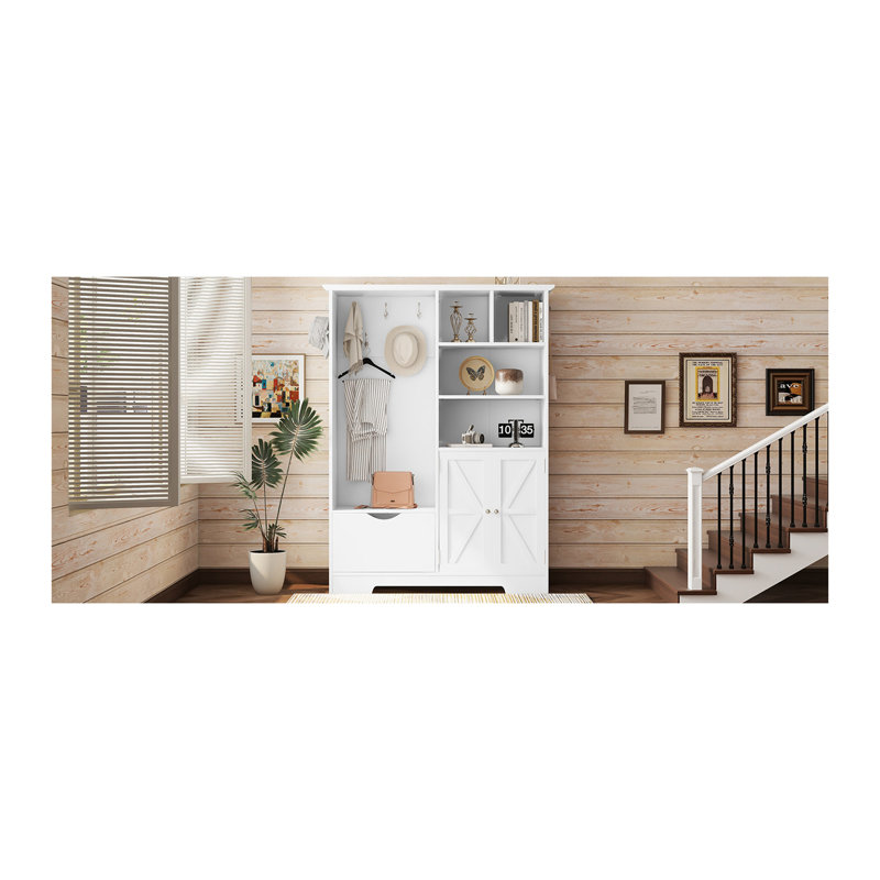 Arbre d'entrée multifonctionnel avec tablettes et tiroirs de rangement, armoire à chaussures élégante avec banc, portemanteau moderne avec crochets pour les entrées de couloir, blanc
