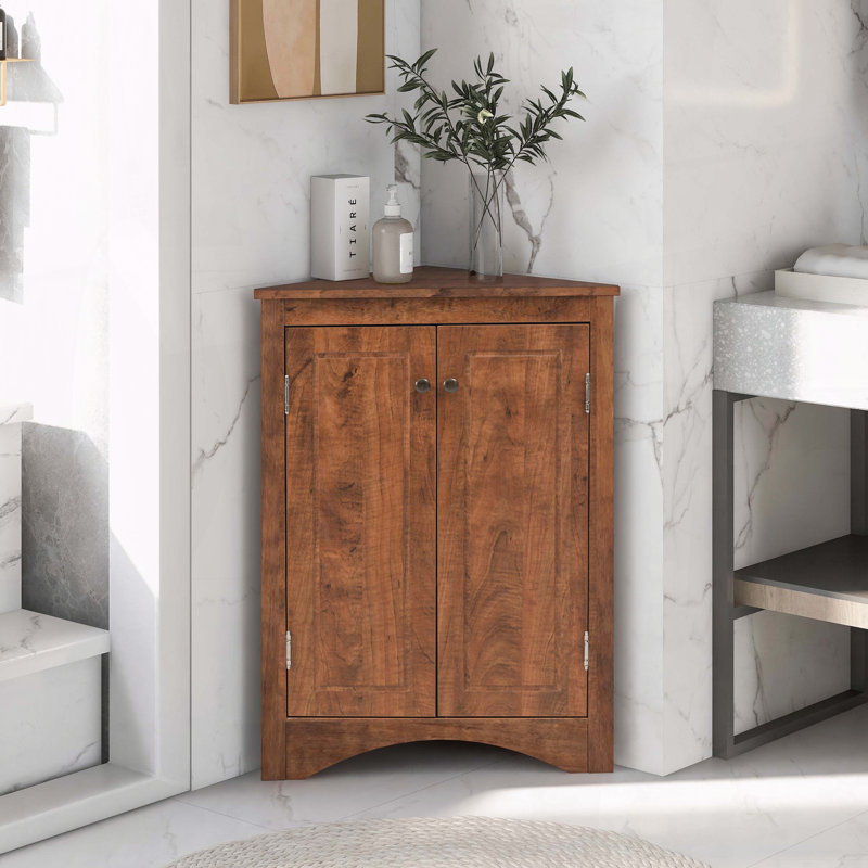 Brown Triangle Corner Storage Cabinet with Adjustable Shelves