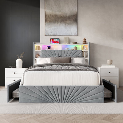 QUEEN SIZE BOOKCASE BED IN LIGHT GREY VELVET