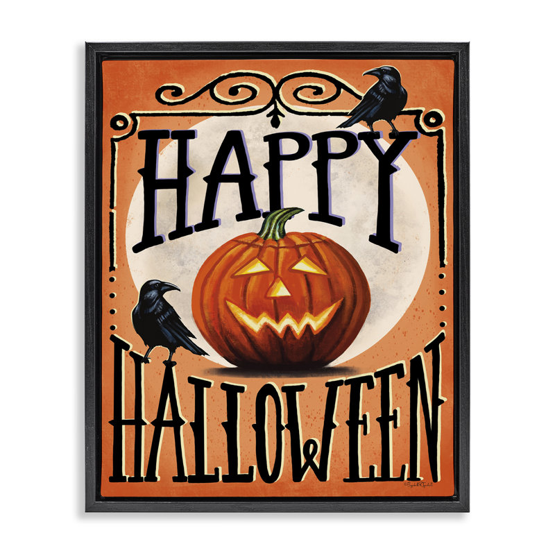 Cadre joyeux Halloween avec corbeaux, conception par Elizabeth Tyndall, Cadre flottant noir de jais, H 21 po x l 17 po
