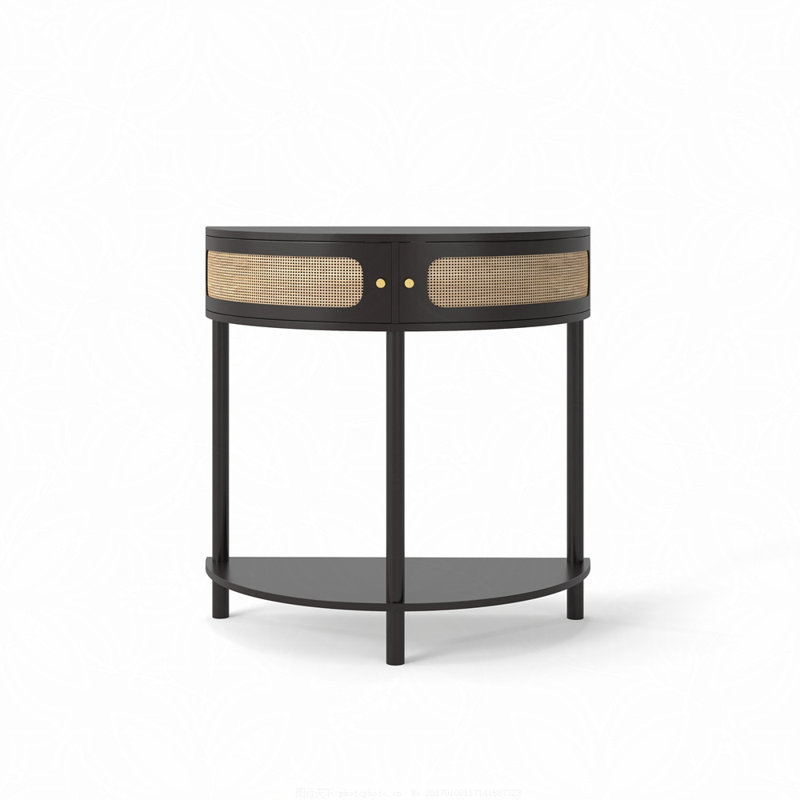 Unique Half Moon Design End Table with Sliding Rattan Door,Elegant Semi-circle Entryway Console Table with 2 Rattan Storage Cabinet and Bottom Shelf for Living room, Bedroom, Study, Hallway