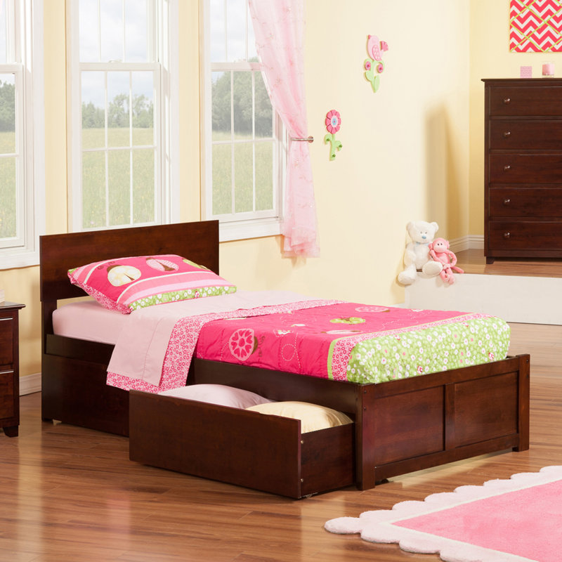 Bueno Park Solid Wood Platform Bed with Footboard and Under Bed Drawers, Twin, Walnut