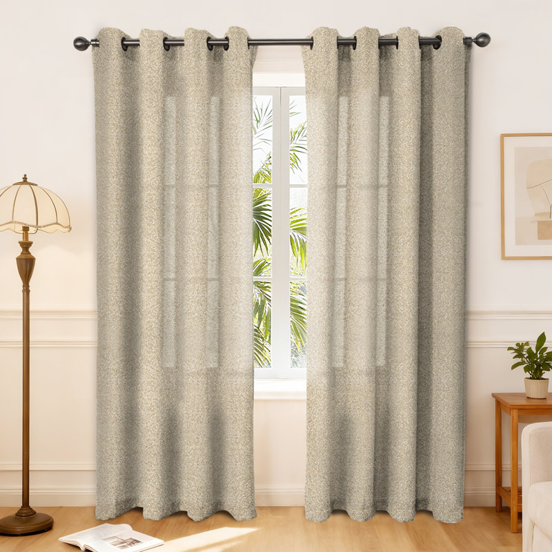 Weave Textured Cotton Linen Blend Grommet Semi Sheer Curtains, 52" W x 84" L, Light Coffee