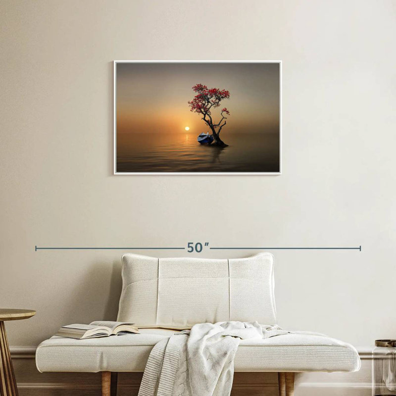 Bateau amarré à un arbre, Cadre flottant blanc, 31 po x 21 po