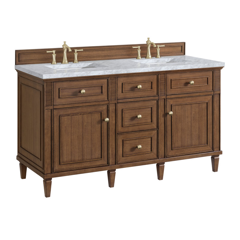 Lorelai 60'' W Double Vanity, Mid-Century Walnut, Carrara White, 8" Widespread