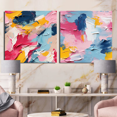 Watercolor Paint Overlap Blue And Pink Stripes - Abstract Square Collage Set Of 2