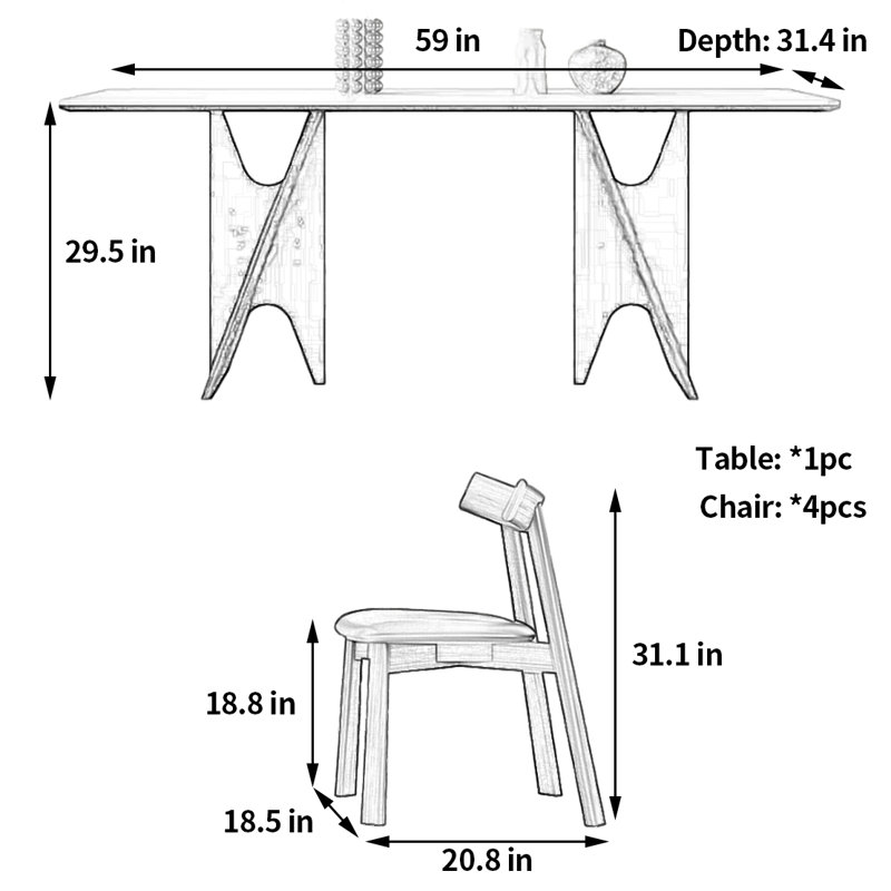 Light simple creative dining table and chair, 29.5"H x 59"L x 31.4"W