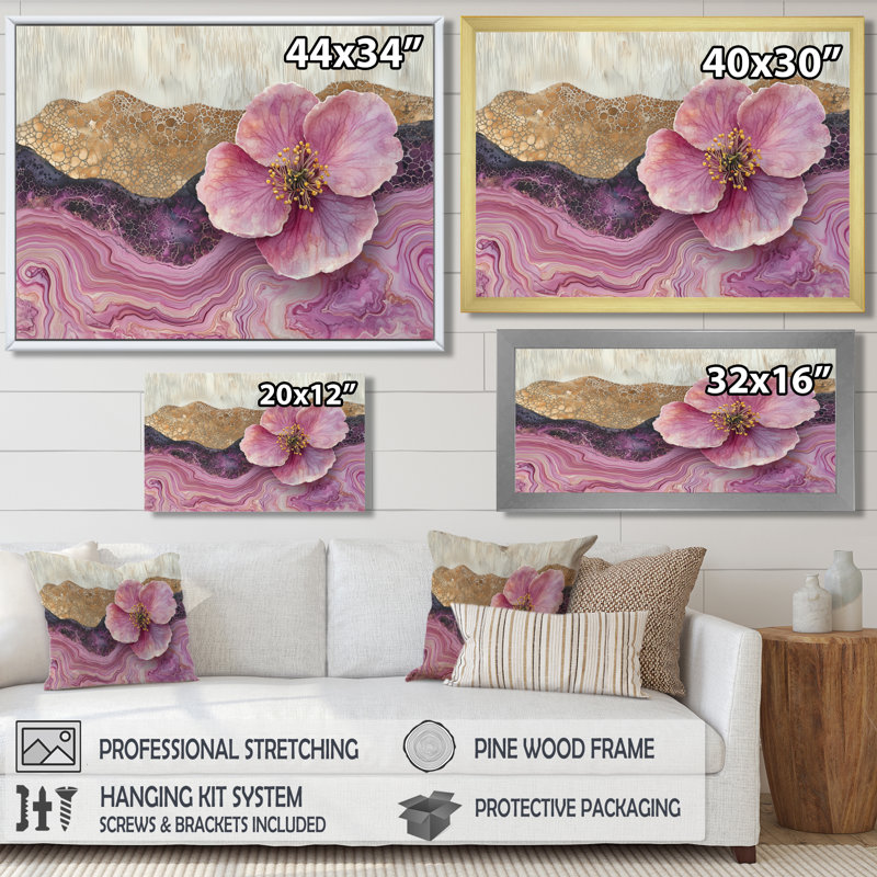 Fleur de pommier sur un sommet d'une rivière d'encre rose et blanche II - Art mural fleur de pommier, Noir, H 28 po x l 60 po