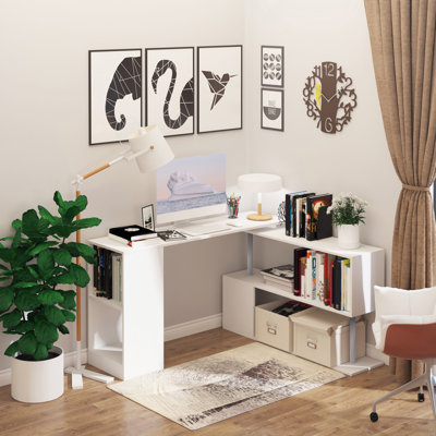 55" 360° Rotating Corner Computer Desk Modern L-Shaped Home Office Workstation with 3-Tier Storage Shelves, Bookshelf, White