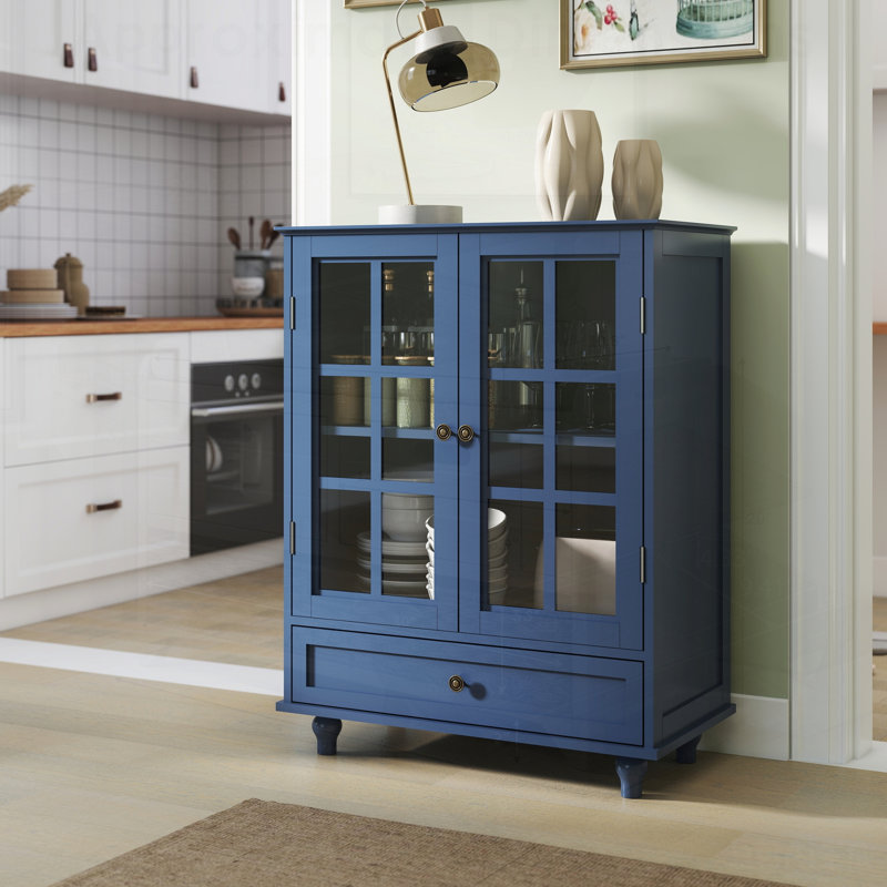 Buffet minimaliste bleu avec portes doubles en verre et tiroir, rangement moderne en bois pour les espaces de vie et de salle à manger