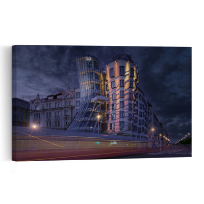 Dancing House Prague Evening Dramatic Modern Abstract Architecture City Wall Art Print 1 Piece Wrapped Canvas Wall Art