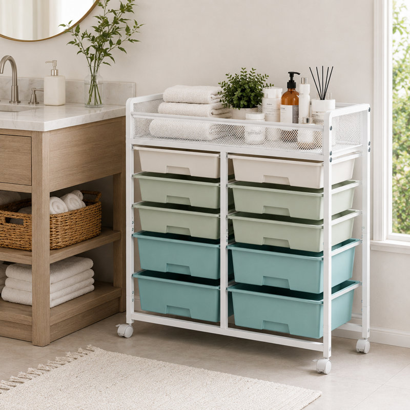 5-Tier Rolling Bathroom Shelves with Mesh Top Basket, Metal Storage Cart with Drawers and Wheels, 10-DrawerWhite