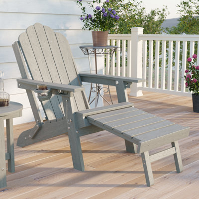 Folding Adirondack Chair with Retractable Ottoman and Cup Holder, Outdoor HDPE Lounge Chair