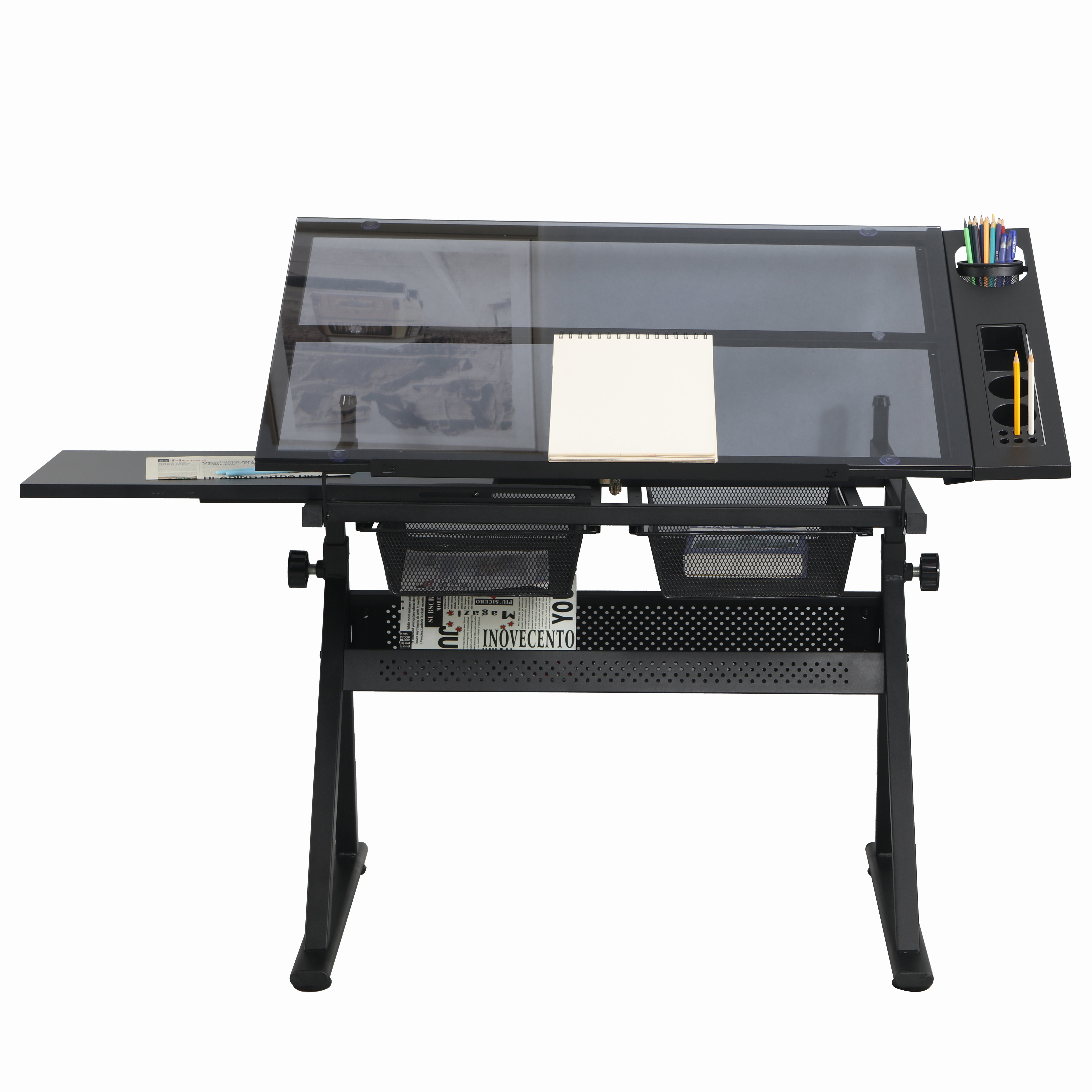 Inbox Zero Latiffa Modern Glass Drafting Table Set With Adjustable Height And Ergonomic Chair