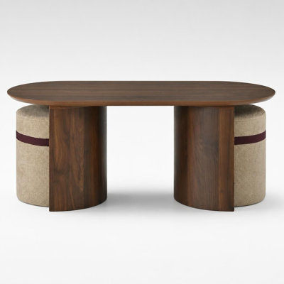 Ensemble de table basse ovale en bois gain de place avec 2 poufs assortis, mobilier de salon multifonctionnel avec assises escamotables, idéal pour les petits appartements, les coins lecture et les balcons, construction robuste avec bords arrondis pour une sécurité optimale.