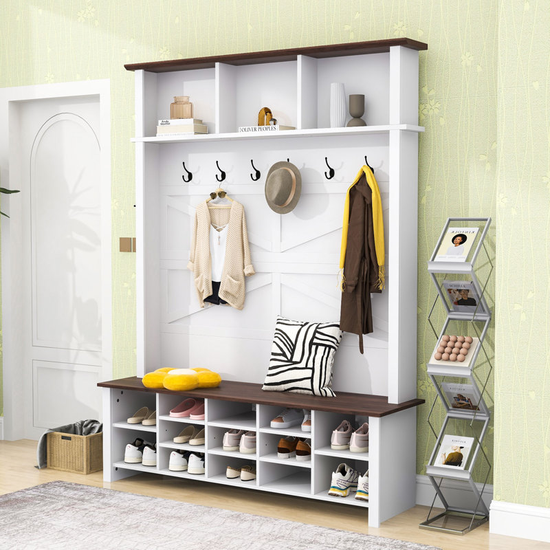 4-in-1 Hall Tree with Bench, Adjustable Shelves, Shoe Organizer, 6 Hooks and Umbrella Rack, White