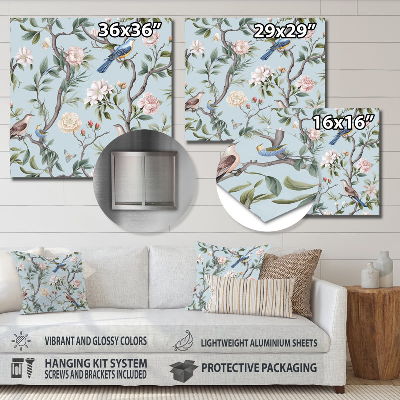 Minimalisme oiseau sur fleurs VII - Art mural en métal floral, salon, H 16 po x l 16 po x P 1 po