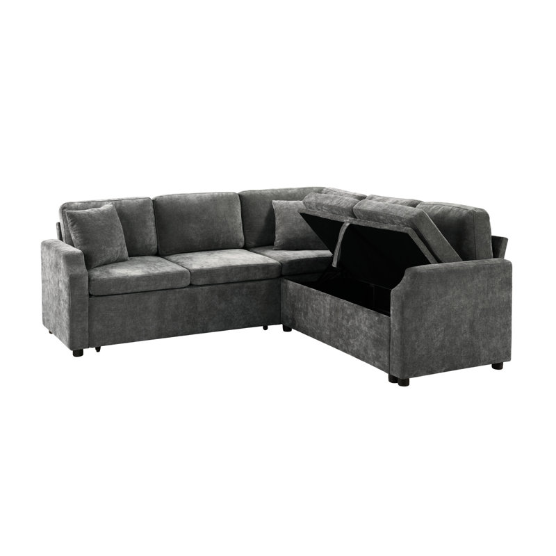 Gray L-Shaped Sectional With Sleeper, Hidden Storage, Chenille Fabric, Elegant Design For Multifunctional Rooms Multi - Functional Bed, Chenille, Throw Pillows Small Apartments
