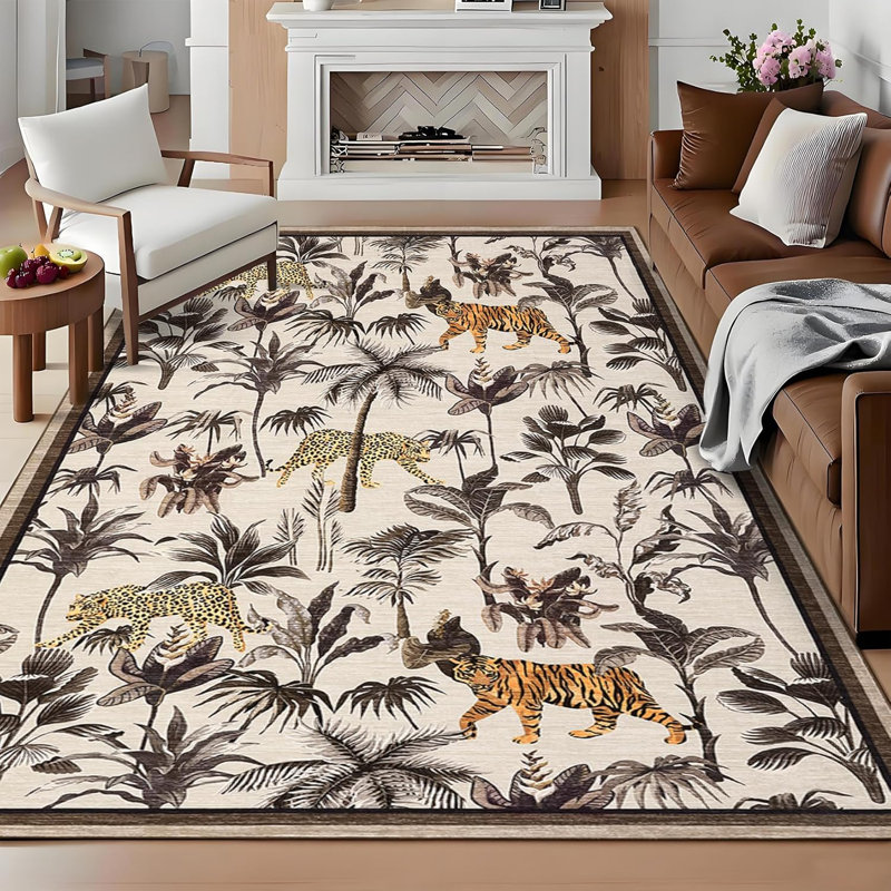 Washable Tiger Runner Rug for Kitchen Non-Slip Non-Shedding Animal Floral Long Carpet, Low Pile Botanical Floor Covering, Foldable Black