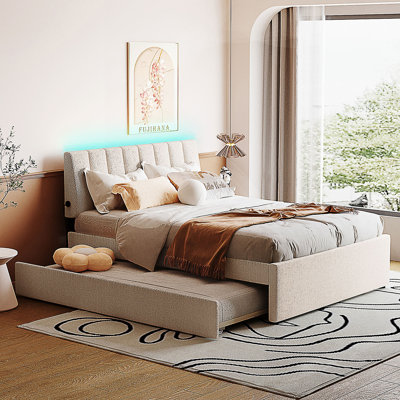 Lit plateforme tapissier avec lit gigogne double Teddy