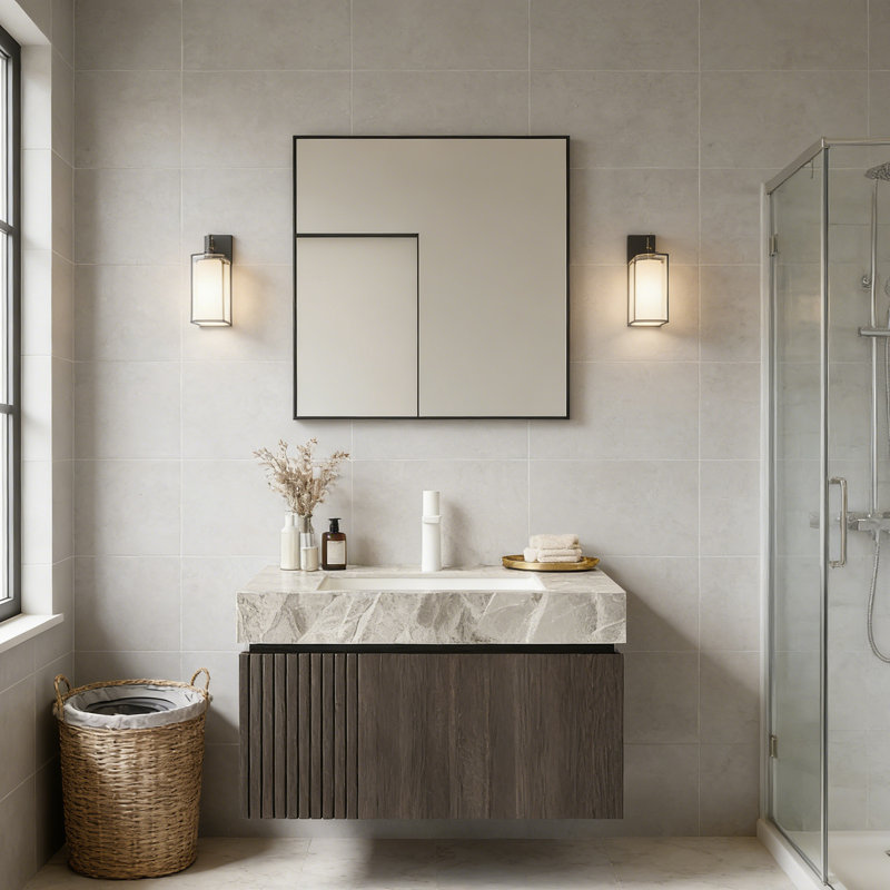 Meuble-lavabo avec tiroirs et portes, comptoir en pierre frittée gris clair et lavabo en céramique, Espresso, 30"