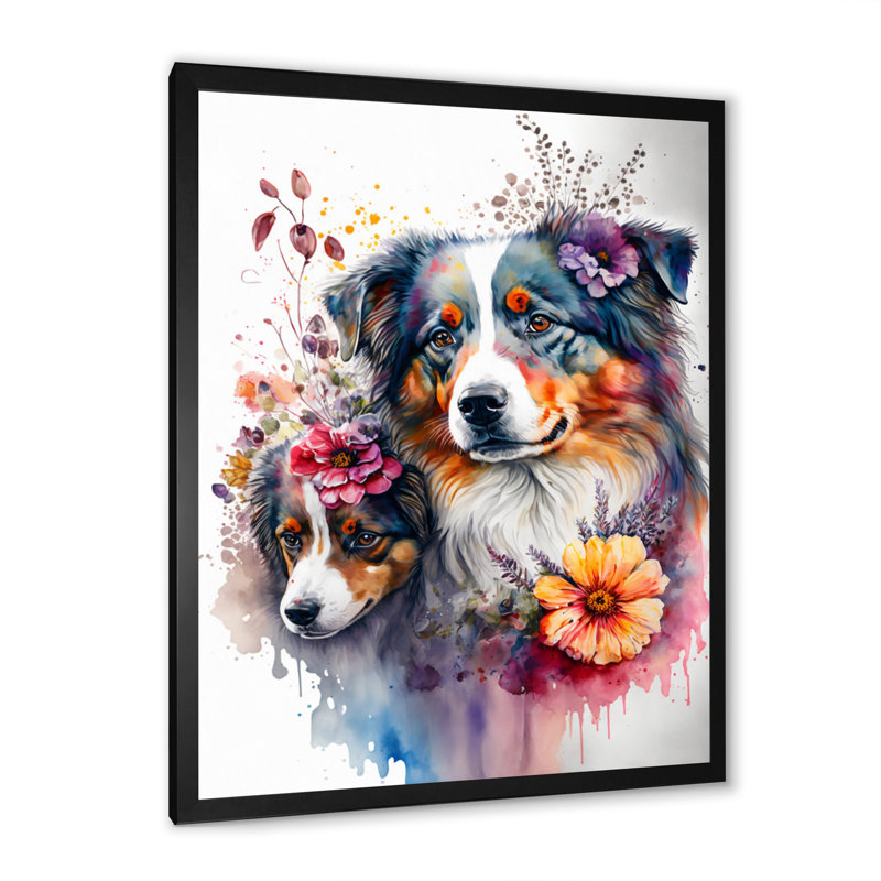 «Cute Australian Shepherds Floralii», cadre photo unique, impression sur toile, H 32 po x l 24 po x P 1 po, Noir