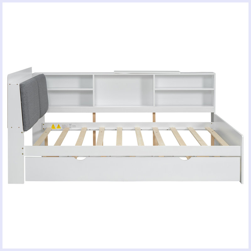 Lit plateforme en bois avec lit gigogne, tablettes et tête de lit, Blanc