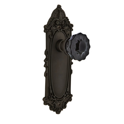 Bouton de porte de mortaise intérieure en cristal noir avec plaque longue victorian