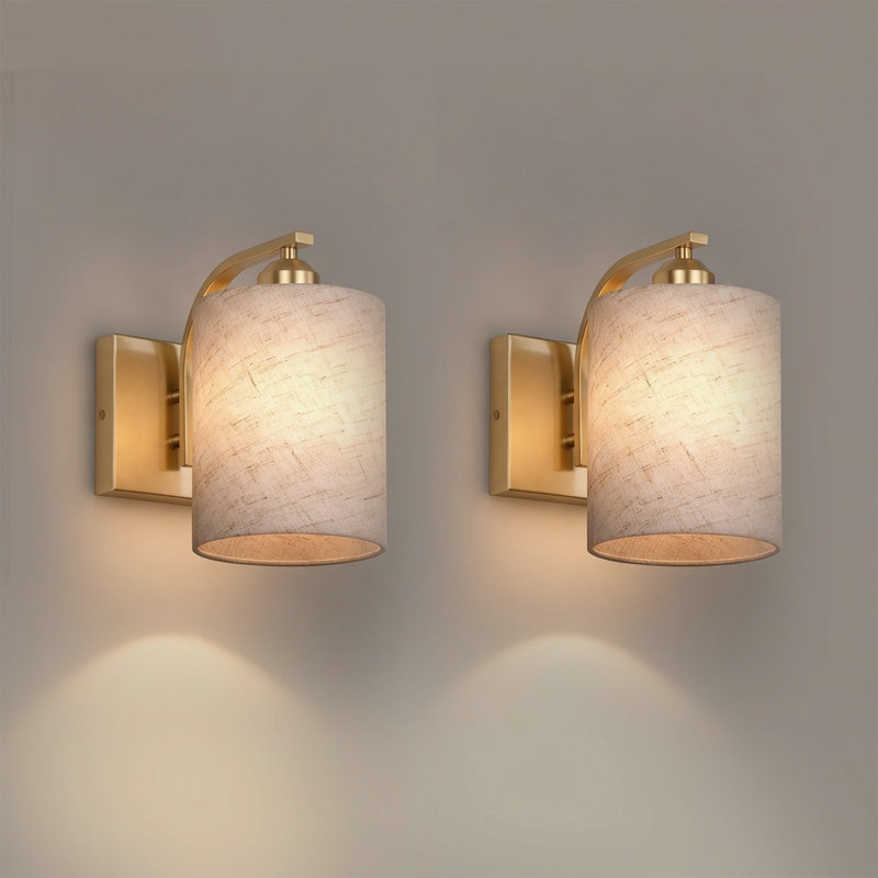 Farmhouse Gold Wall Sconce With Fabric Shade, Dimmable LED Bedroom Light For Living Room & Hallway, 5.5 Inch, Gold