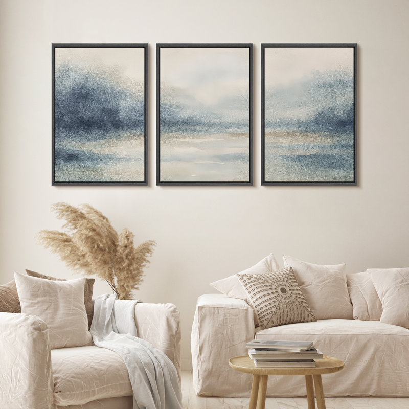 «Abstract Blue Mountain Landscape», reproduction d'art sur toile encadrée, 3 pièces, H 36 po x l 24 po x P 1,5 po, Noir