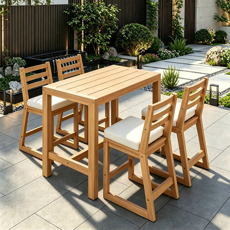 5 Piece Rustic Solid Wood Patio Bar Set, Outdoor Bar Table & Ergonomic Slatted Chairs for Backyard Porch Poolside, Light Teak