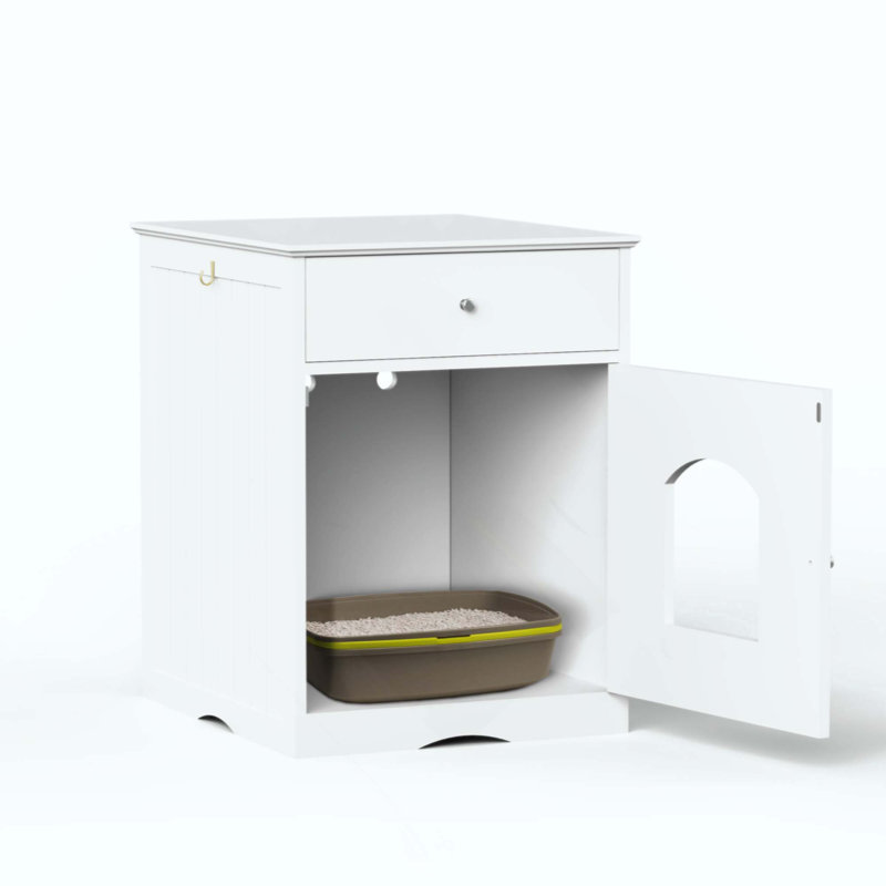 Enceinte de litière en bois pour chat avec tiroir de rangement, maisonnette multifonctionnelle pour animaux, Blanc