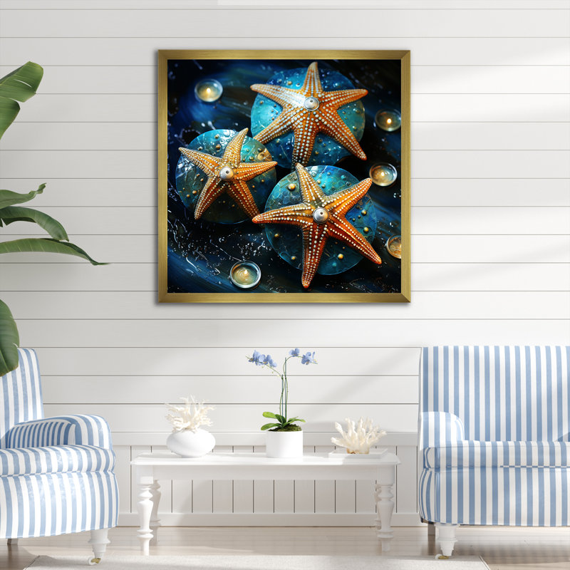 Étoile de mer jaune sur pierre gemme océanique - étoile de mer, art mural, Or, H 36 po x l 36 po