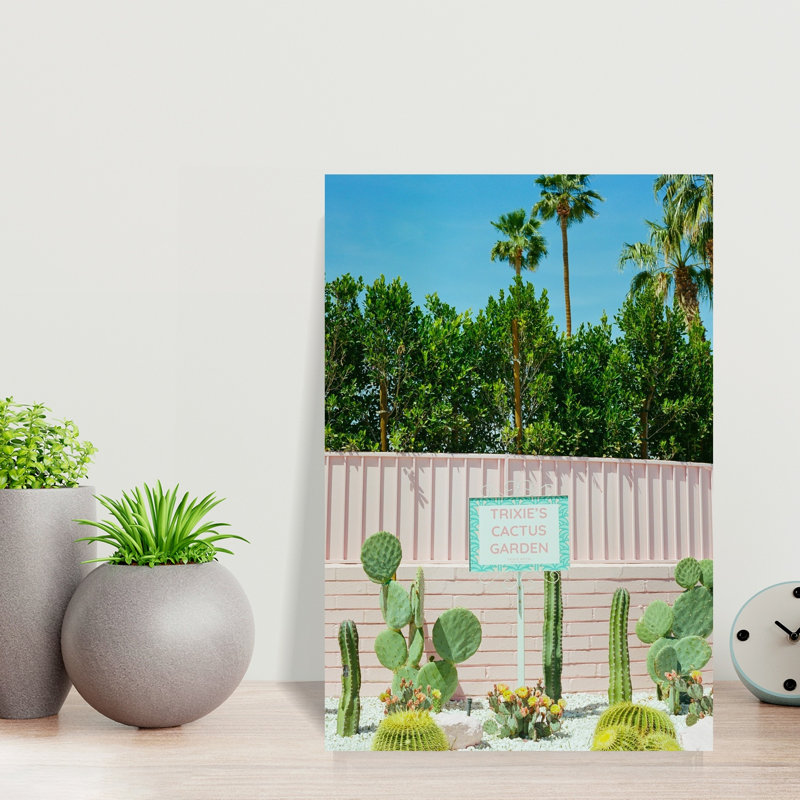 Pink Cactus Garden Vibrant Abstract Palm Tree Cactus Succulent Flower Landscape Wall Art Print by Bethany Young - Wrapped Canvas Print