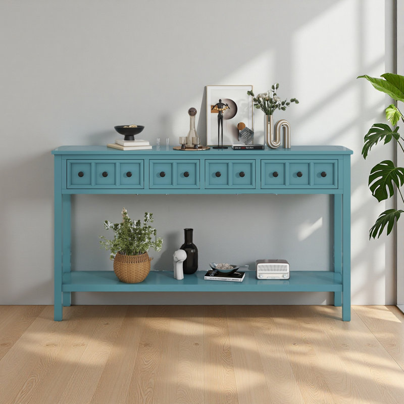 Console d'entrée rustique, canapé long avec deux tiroirs de taille différente et tablette inférieure, Turquoise Green