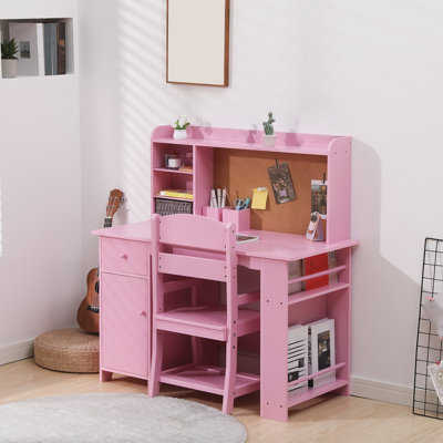 Kids Study Desk with Chair, Kids Desk and Chair Sets with Hutch, Drawer and Storage Cabinet, Wooden Children Study Table with Cork Bulletin Board, Stu