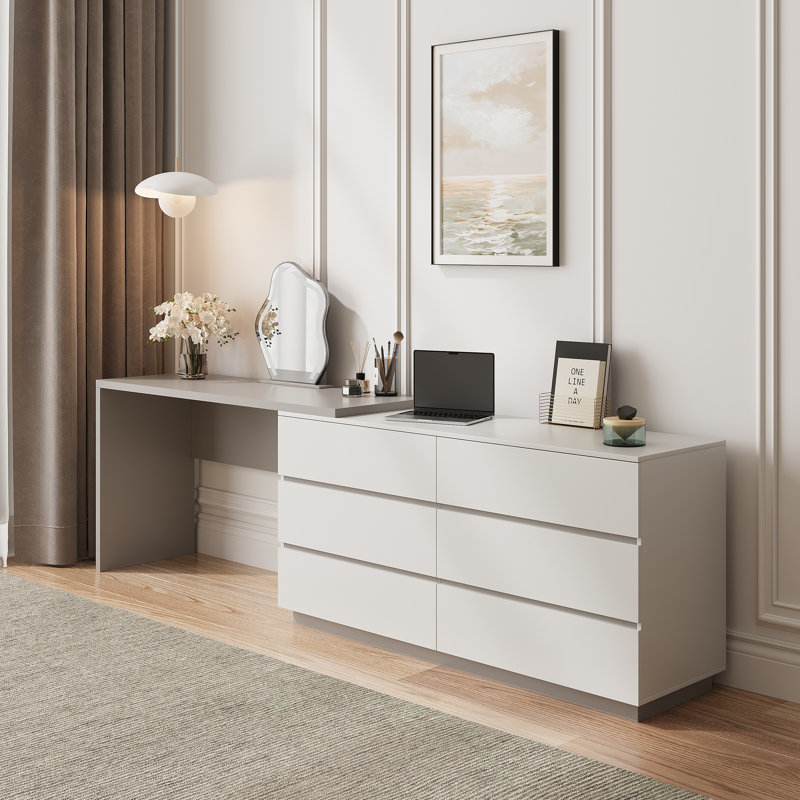 Bureau d'ordinateur en L à rallonge avec tiroirs de rangement 97,6 po, Gris / Ivoire