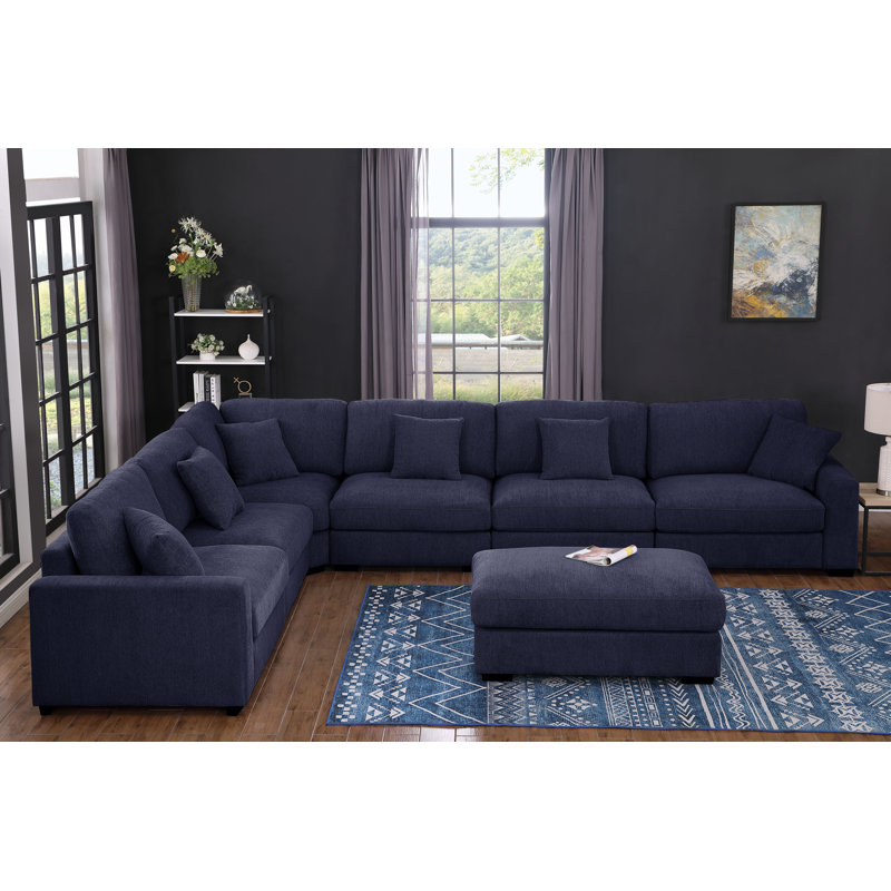 Modular Large 7 Seats Corner Sectional Sofa Comfy Cloud Couch With Movable Ottoman, Dark Blue Chenille