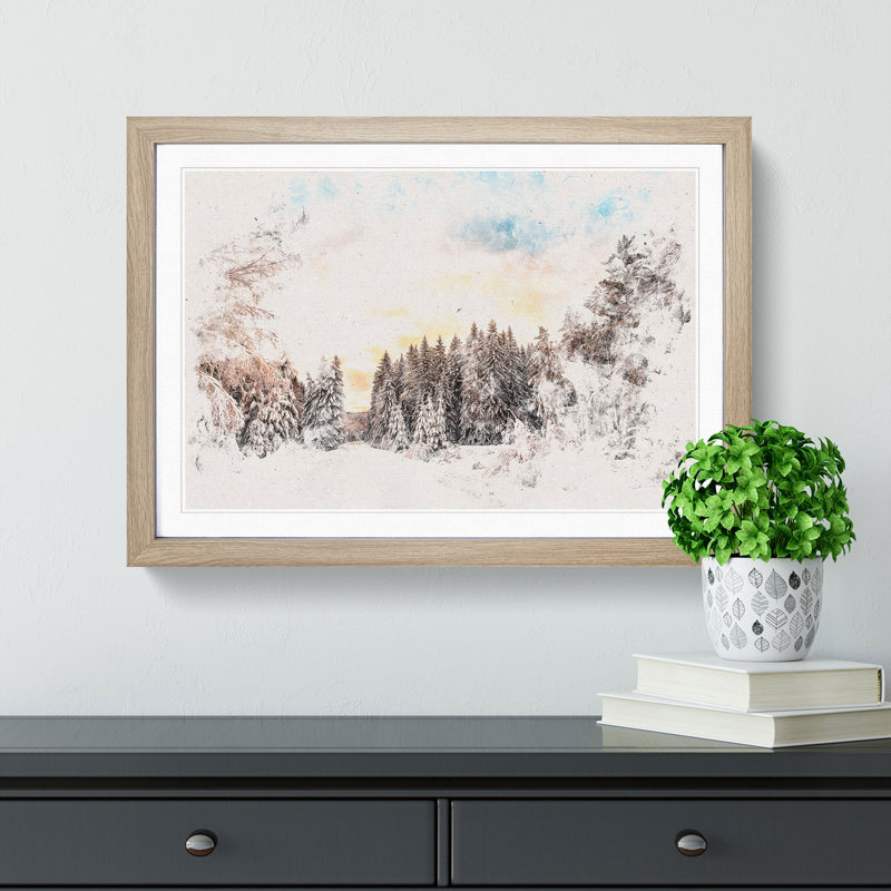 Winter White Forest in Sweden - Picture Frame Graphic Art Print, 62cm H x 87cm W x 2cm D, Oak