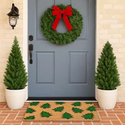 Christmas Coir Doormat 17"X30" - Holiday Front Porch Welcome Mat With Evergreen Design, Natural Coir Fiber With PVC Backing, Outdoor Entryway Mat For
